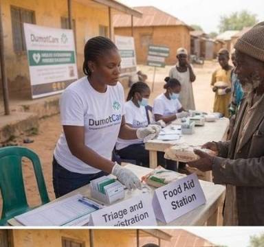 DumotCare volunteer at food aid station handing supplies to a community member