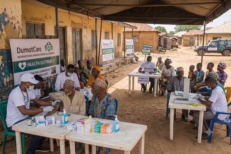 Panoramic view of DumotCare health outreach camp in a rural Nigerian village